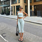 Green Gingham Capri Two Pieces Suits Casual Outfits for Woman Halter Top and Cropped Pants Matching Sets