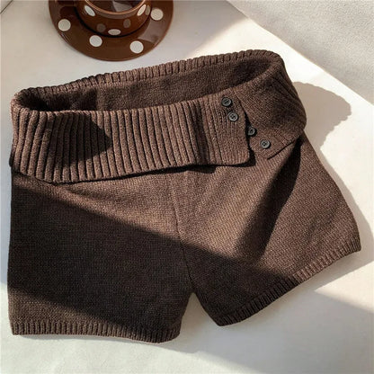 Stylish Button Decor Ribbed Trim Foldover Mid Rise Shorts Women Knit Crochet Micro Shorts Casual Slim Fit Y2K Streetwear