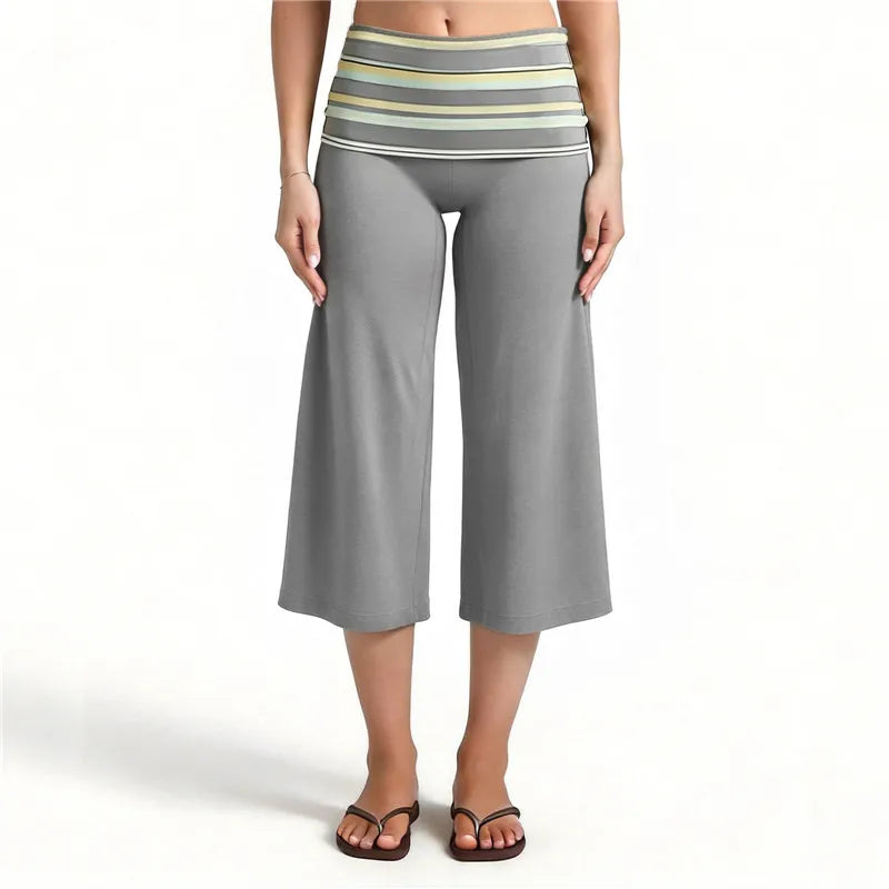 Women High Waist Fold Over Striped Waistband Cropped Wide Leg Pants Stretchy Casual Beach Yoga Capri Trousers