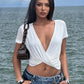 Deep V Neck Short Sleeve Crop Tops Twist-front Wrap Design White Tshirt Woman Clothes Summer 2026