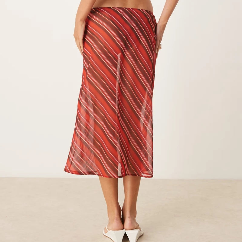 Women Polka Dot Sheer Midi Skirt Sexy See Through Low Rise Long Skirt Flowy Mesh Cover Up Maxi Skirts Beachwear