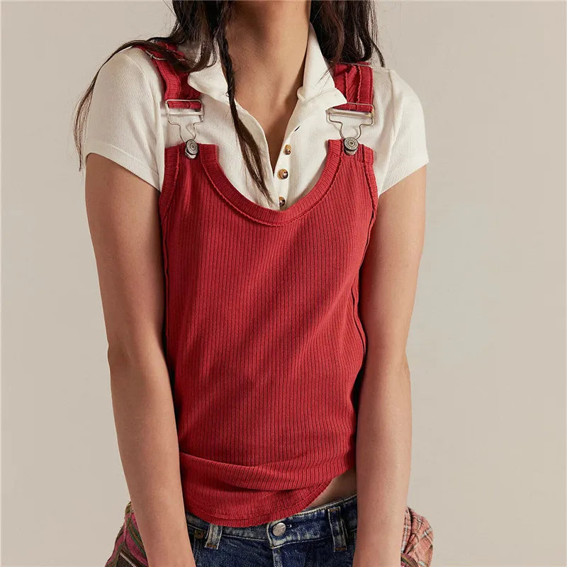 Women's Ribbed Tank Top Adjustable Buckle Strap Sleeveless Cami Top Exposed Seam Curved Hem Slim Fit Y2K Streetwear