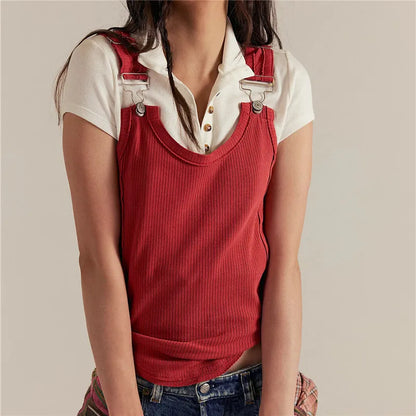 Women's Ribbed Tank Top Adjustable Buckle Strap Sleeveless Cami Top Exposed Seam Curved Hem Slim Fit Y2K Streetwear