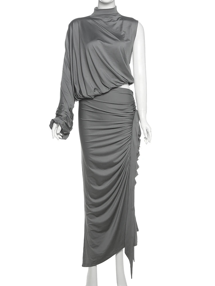 Y2K Solid Style 2 Piece Set Women Turtleneck Single Shoulder Sleeve Tops+Ruched Long Skirts Fashion Elegant Outfits