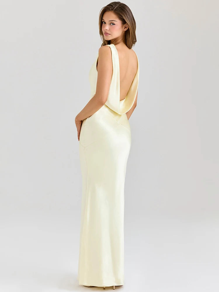 Satin Backless Draped Sexy Maxi Dress Women Fashion Cowl Neck Sleeveless High Waist Club Party Long Dress Female New