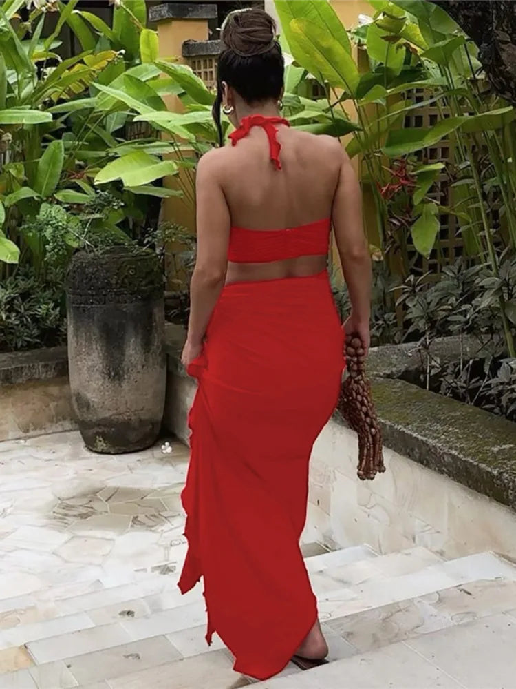 Sexy Skirt Two Piece Sets Women Flower Strapless Crop Tops And Midi Skirt Femme Backless Side Slit Sexy Two Piece Sets