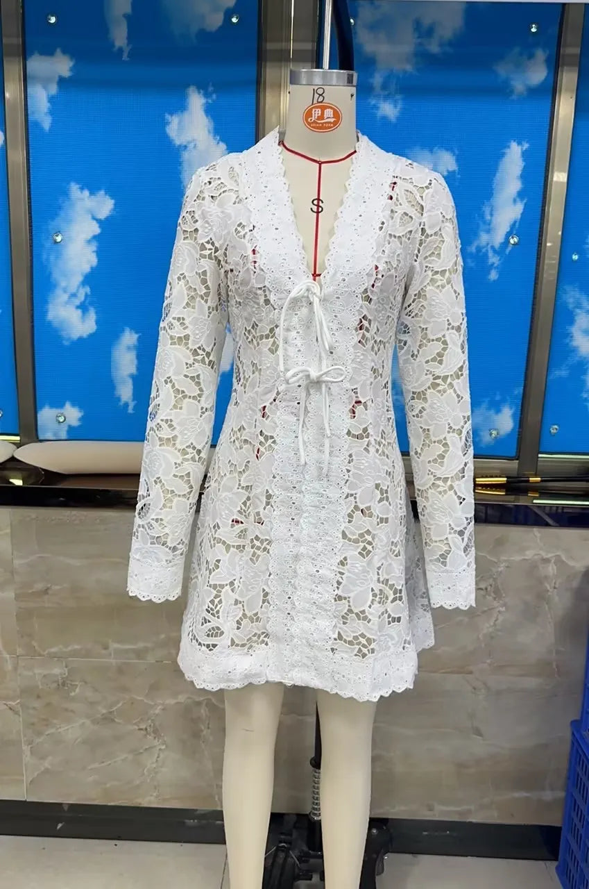 Women Lace Beach Mini Dress Deep V Neck Flare Long Sleeve Hollow Tie Front Sheer Floral Lace Vacation Party Short Dress