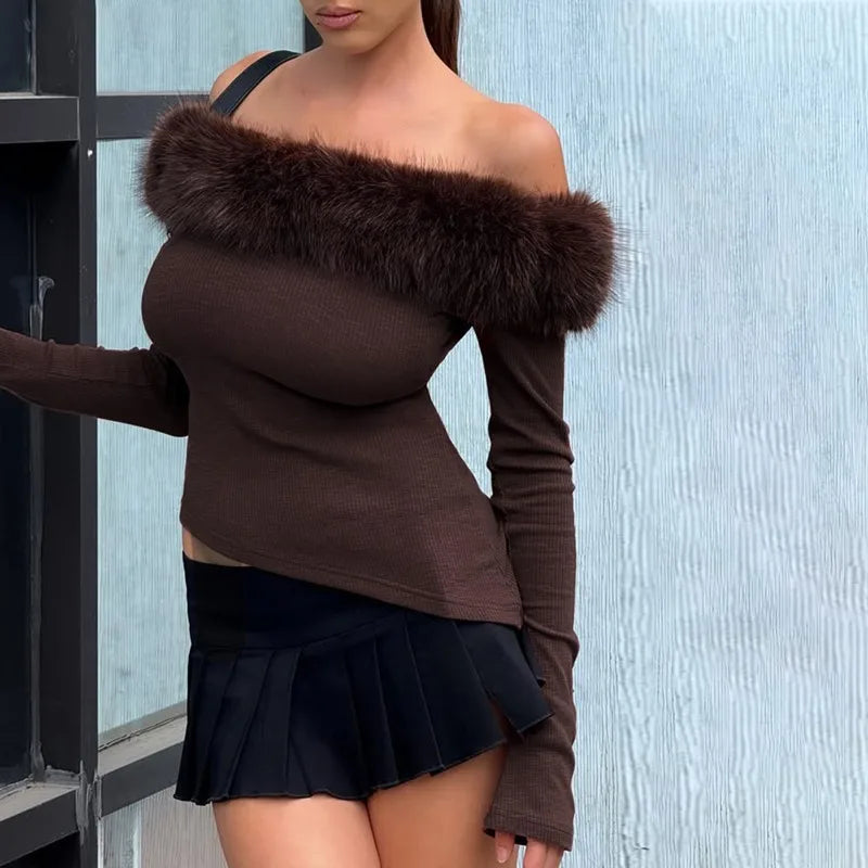 Faux Fur Collar Off Shoulder Long Sleeve Tees White Rib Crop Tops Streetwear Tshirts Y2k Woman Clothes