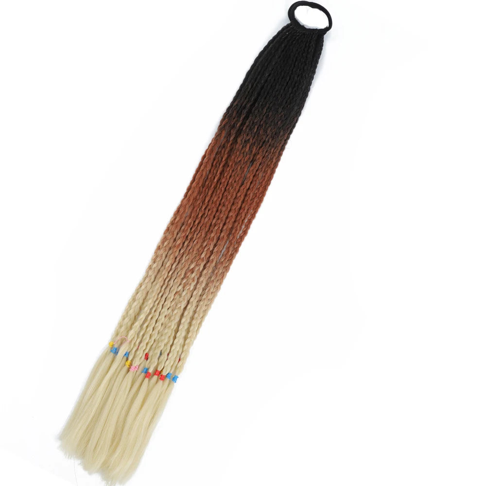 Synthetic 24inch Girls Colored Box Braided Ponytail With Elastic Rubber Band Hair Extensions Rainbow Color Box Pigtail Hairpiece
