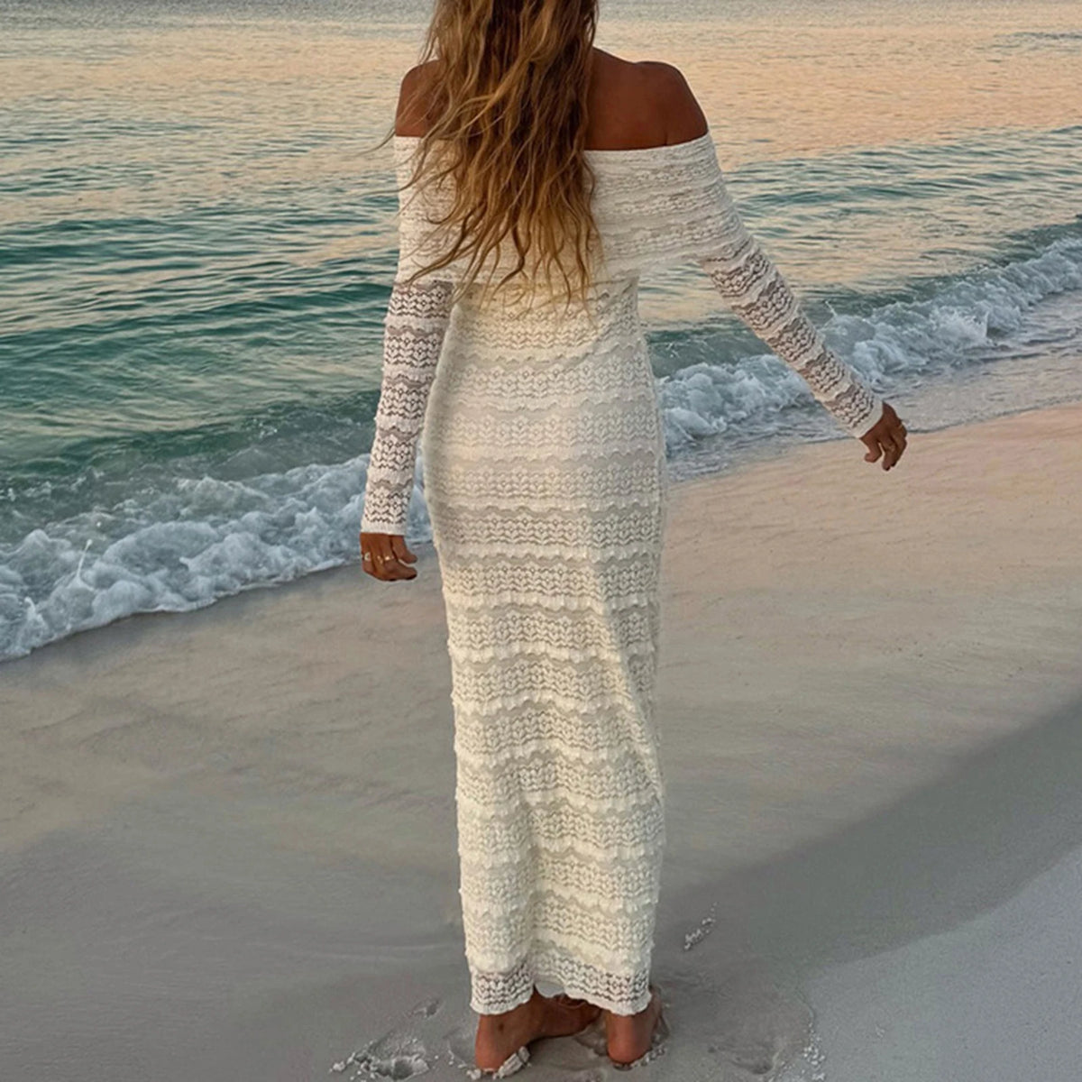 Women Off Shoulder Long Dress Slim Lace Flower Long Sleeve Backless Long Bodycon Maxi Dress for Daily Travel