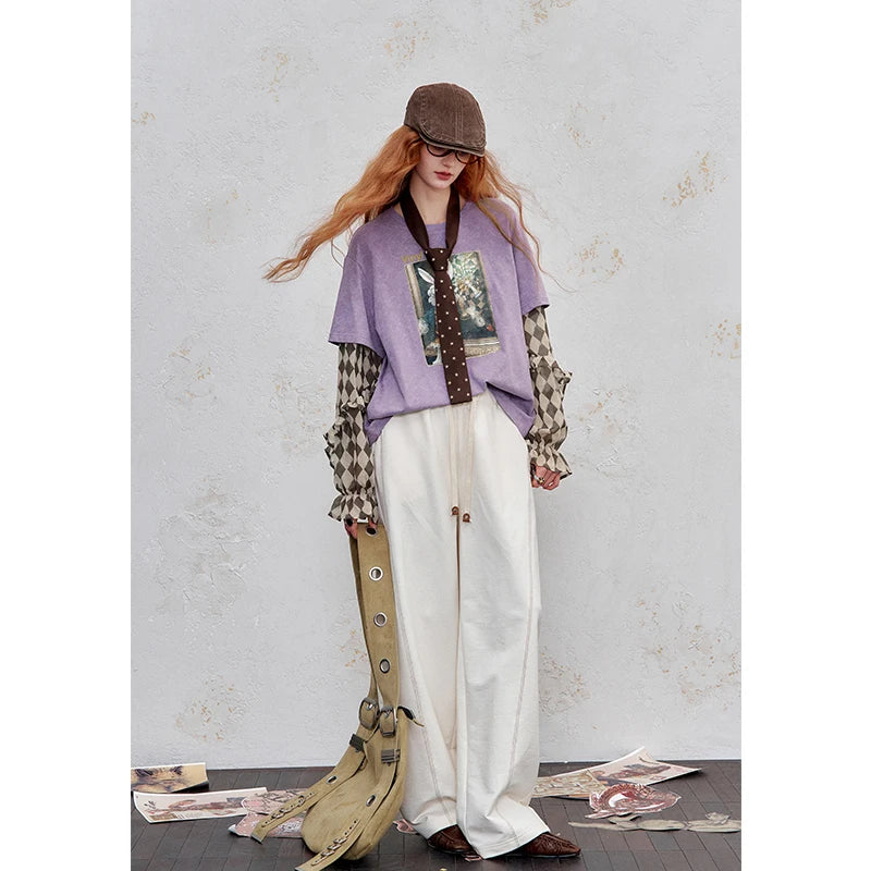 Y2K Long Sleeve Top Women Romantic Loose Round Neck Long Sleeve T-Shirt Fake Two-Piece Ruffle Sleeve Cute Print Top