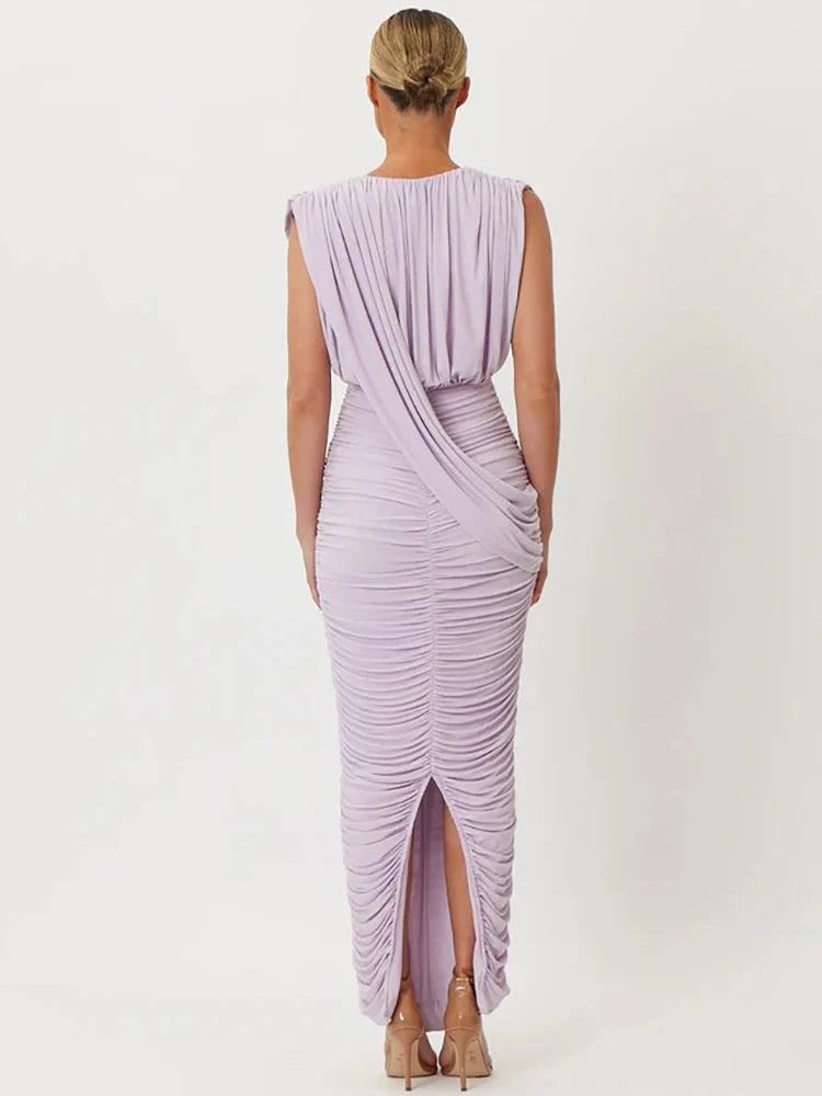 Deep V Neck Sleeveless Sexy Maxi Dress Women Elegant Draped Ruched Back Split Bodycon Club Party Long Dress Female