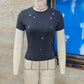 Womens Grommet Crop Top Short Sleeve Crew Neck Studded Tee Shirt Dark Grey Metal Embellished Cotton Blend Streetwear Top