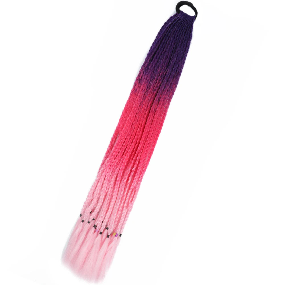 Synthetic 24inch Girls Colored Box Braided Ponytail With Elastic Rubber Band Hair Extensions Rainbow Color Box Pigtail Hairpiece