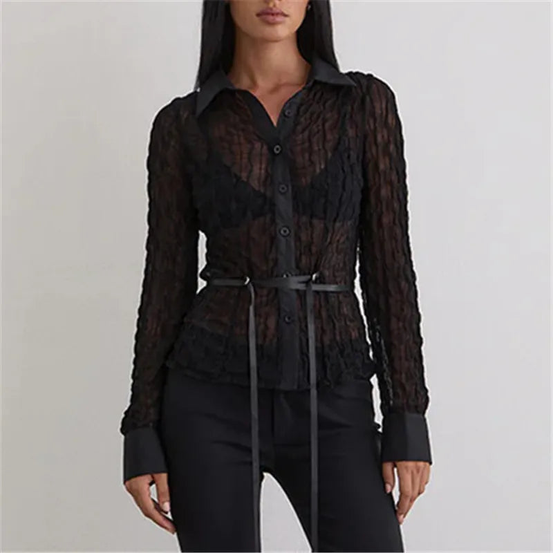 Women Y2K Shirt Long Sleeve Shirts Blouse Button-down Stripes Fall Spring Sheer See Through Tops Vintage Streetwear