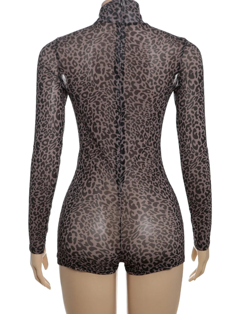Leopard Print Romper Women See Through Sexy Full Sleeve Turtleneck Fall Fit Skinny Playsuit Stretch Midnight Clubwear