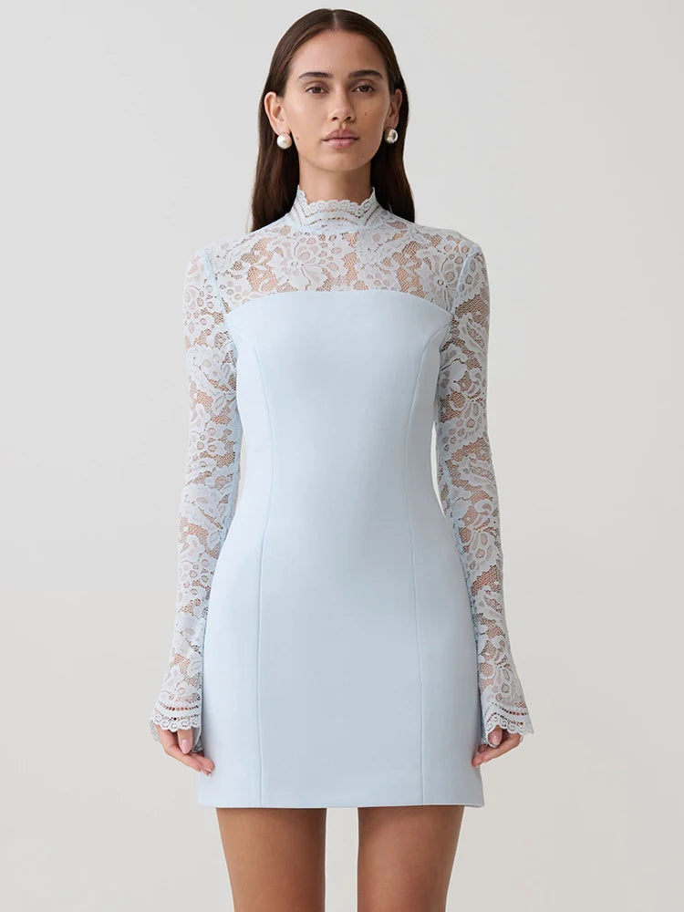 Women Elegant Lace Patchwork Sexy Mini Dress Fashion High Neck Long Flare Sleeve Backless Bodycon Club Party Dresses