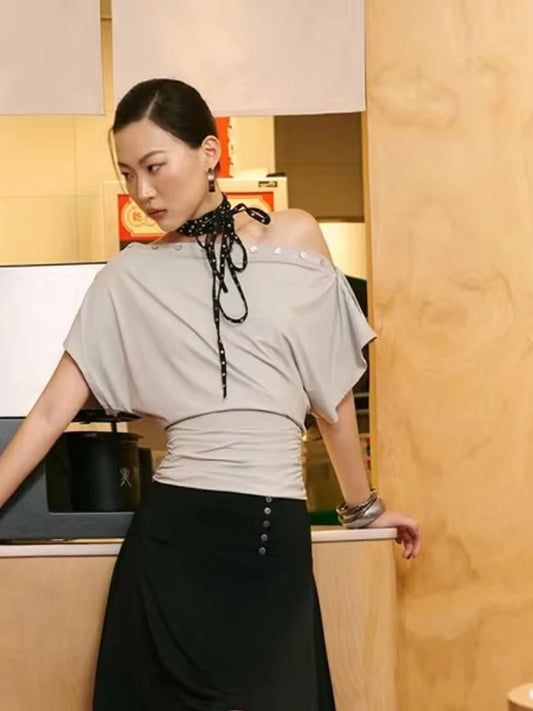 Summer Button Decoration t-Shirt Women off-Shoulder Half Sleeve Backless Simple Classic Leisure Daily Fashion Streetwear