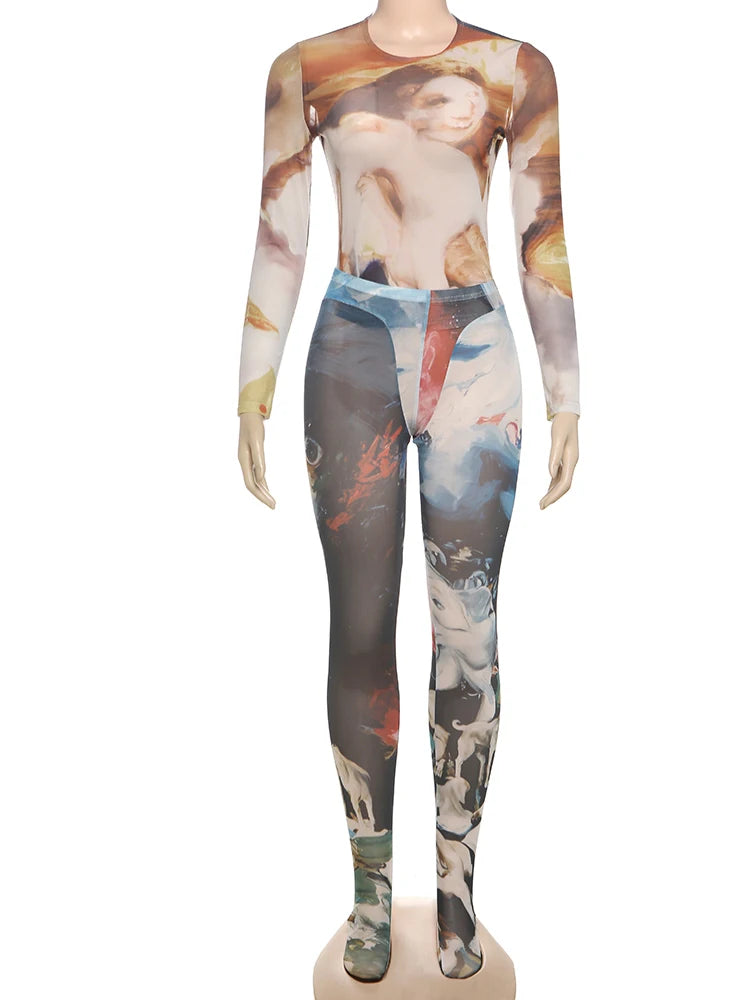 Aesthetic Print Women Tracksuit 2 Piece Set Sexy Hipster Thin Bodysuit+Leggings Tight Stretch Street Matching Suit