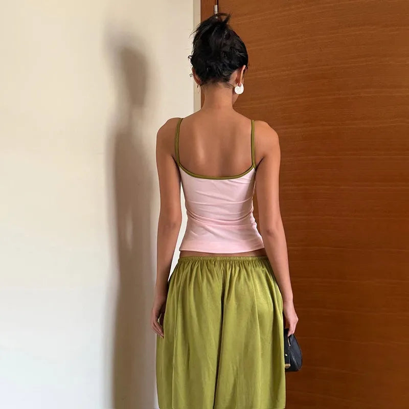 Cute Coords Set for Woman 2 Piece Set Outfit Pink Camisole and Green Wide Leg Pants Y2k Clothes