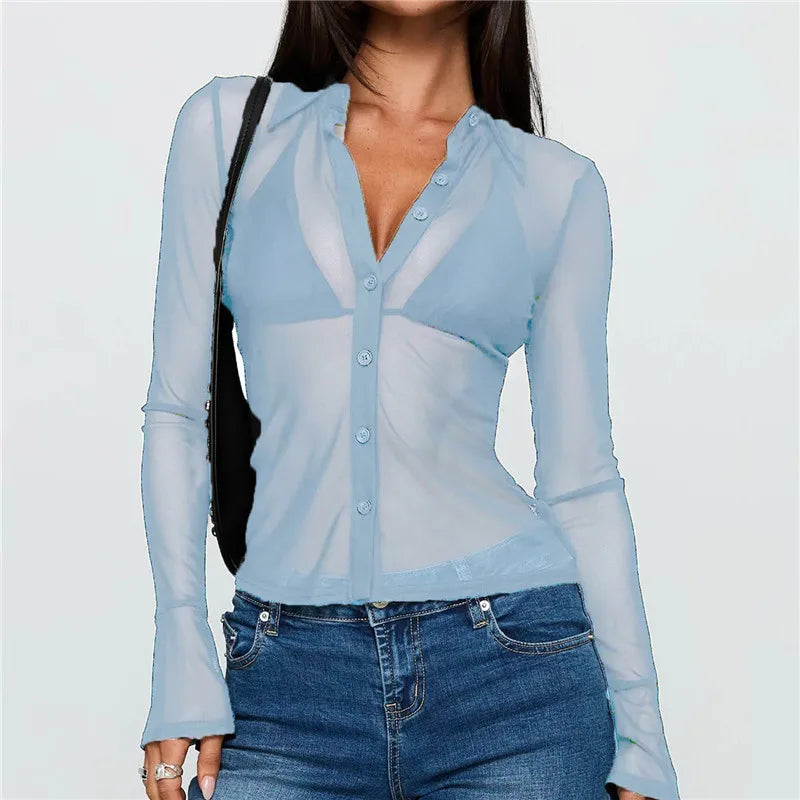 Sheer Button Down Shirts for Women See Through Mesh Long Sleeve Button Up Blouse Shirt Sexy Going Out Tops Streetwear