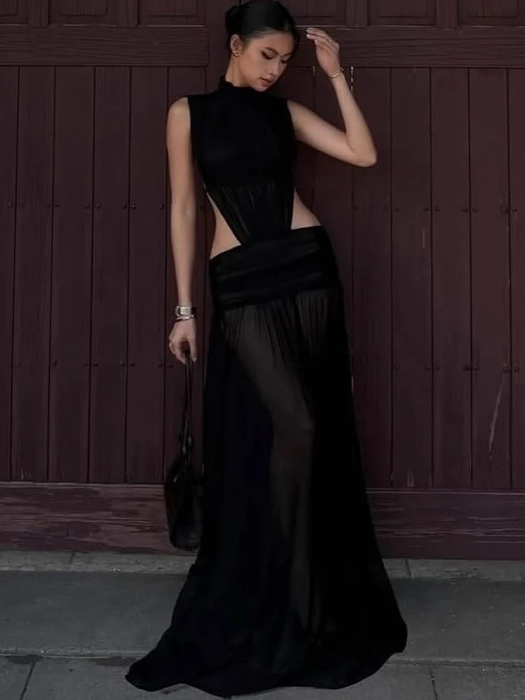 Sexy See Through Long Dress Woman Stand Collar Lace-Up Backless Robe Prom Party High Waist Ruched Elegant Vestidos