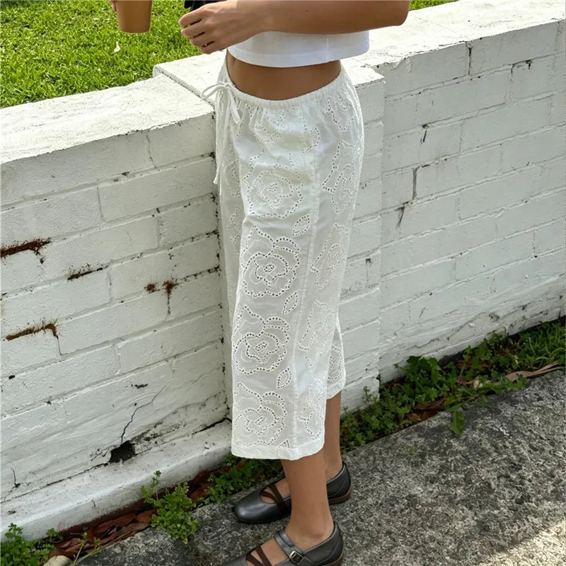 Women Eyelet Embroidery Capri Pants Elastic Drawstring Waist Hollow Loose Cropped Wide Leg Y2K Vintage Casual Trousers