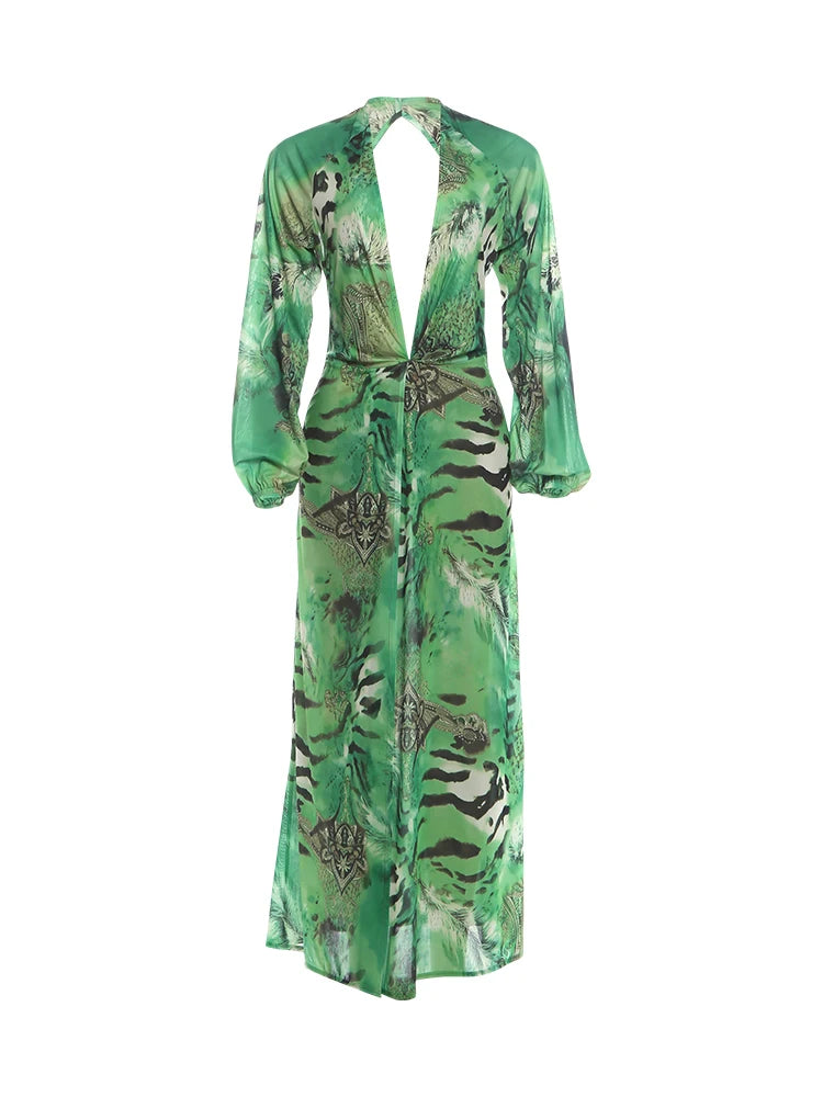 Tiger Stripe Print Long Dress Woman Autumn Trend Deep V-Neck Backless Lantern Sleeve Beach Party Elegant Vestidos