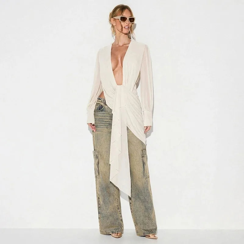 Woman Sheer Mesh Blouses Shirts Elegant Sexy Draped Front Long Sleeve Deep V Neck Backless Tops Fall 2026