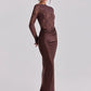 Off Shoulder Lace Satin Maxi Dress Women Elegant Long Sleeve Ruched Bodycon Mermaid Evening Club Party Formal Dress