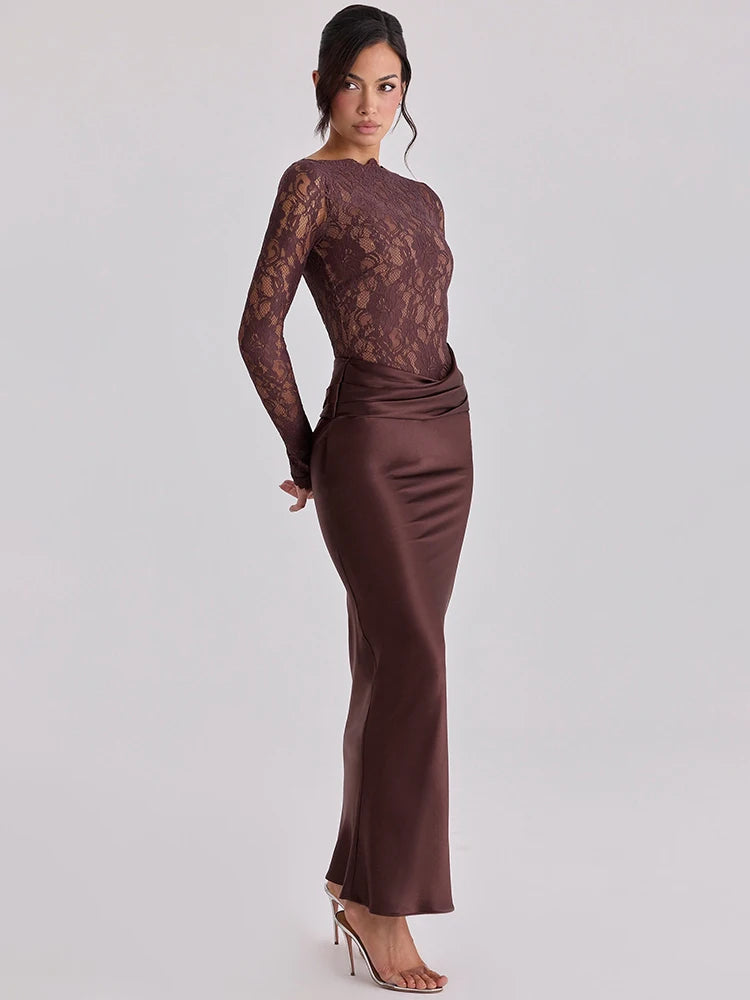 Off Shoulder Lace Satin Maxi Dress Women Elegant Long Sleeve Ruched Bodycon Mermaid Evening Club Party Formal Dress