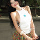 Street 2-Piece Set Women Backless Halter Lace-Up Chic Sexy Tank Tops+Colorful Patchwork Puffy Skirt Matching Suits