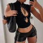 Faux Leather Metal Ring Hollow Short Women Bandage Tassels Elastic Waist Sexy Midnight Hottie Classic Streetwear