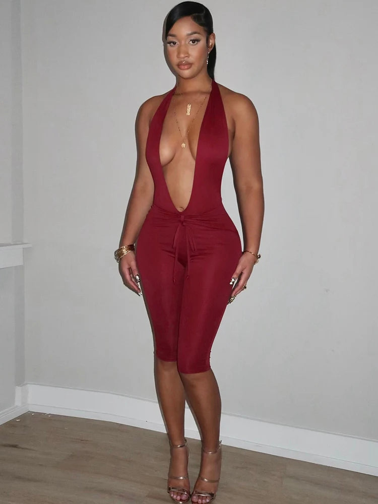 Halter Deep v-Neck Playsuit Women Folds Bandge Bow Tassel Peach Butt Backless Sleeveless Sexy Midnight Hottie Outfit