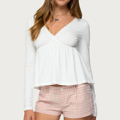 Women Lace Trim Babydoll Tops Long Sleeve V Neck Slim Aesthetic Shirts Girls Cute Peplum Shirt Y2k Fall Coquette Blouses