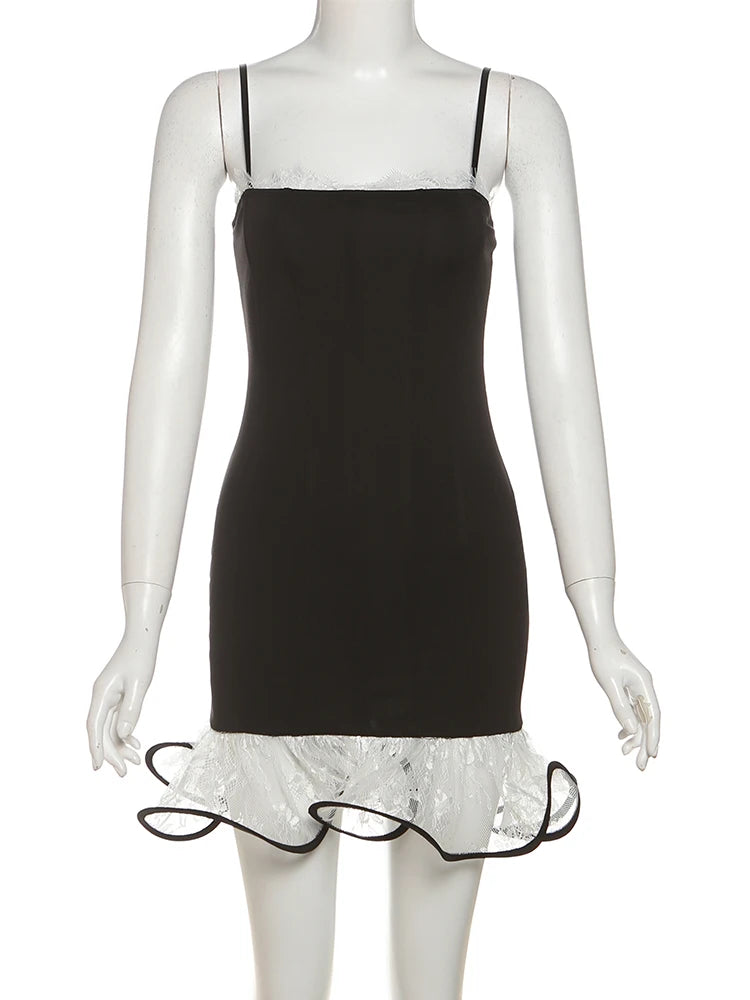 Y2K Sexy Sweet Style Mini Dress Women Square Collar Contrast Mesh Patchwork Ruched Hem Birthday Party Fashion Outfits