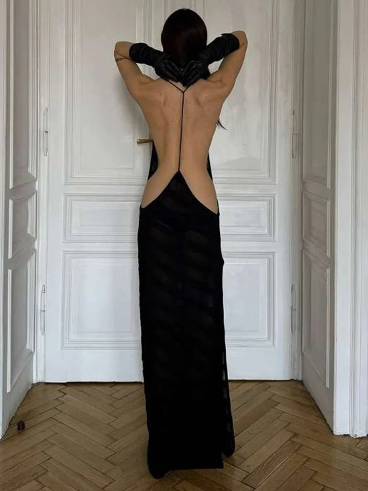 See Through Dress Women Summer Sexy Backless Sleeveless Side Slit Diagonal Stripes Lace Midnight Club Party Vestidos