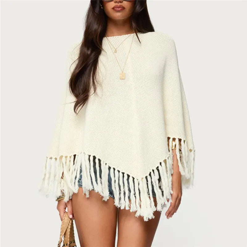 Women Knit Poncho with Tassels Loose Solid Color Boat Neck Cover up Tops Casual Winter Fall Shrug Sweaters