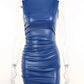 Winter New Sleeveless PU Leather Mini Dress For Women Robe Turtleneck Bodycon Ruched Sexy Short Dress Vestido