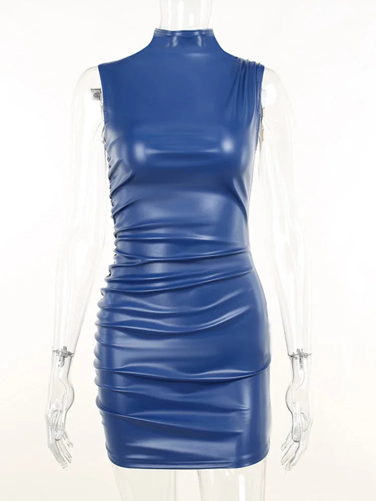 Winter New Sleeveless PU Leather Mini Dress For Women Robe Turtleneck Bodycon Ruched Sexy Short Dress Vestido