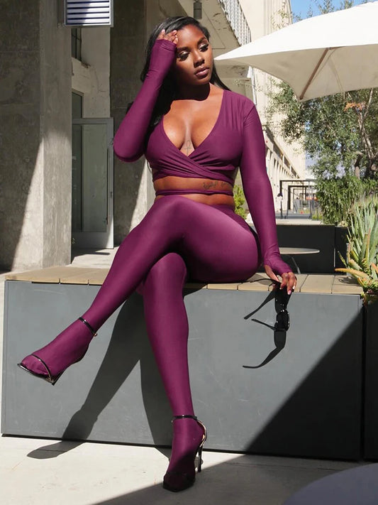 Hollow Fashion 2 Piece Set Woman Low-Neck Cross Bandage Crop Tops+Skinny Peach Hip Long Pants Sexy Hottie Hipster Suits