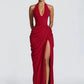 Wine Red Halter Deep V Maxi Dress Women Elegant Draped Ruched High Split Bodycon Cocktail Wedding Club Party Dresses
