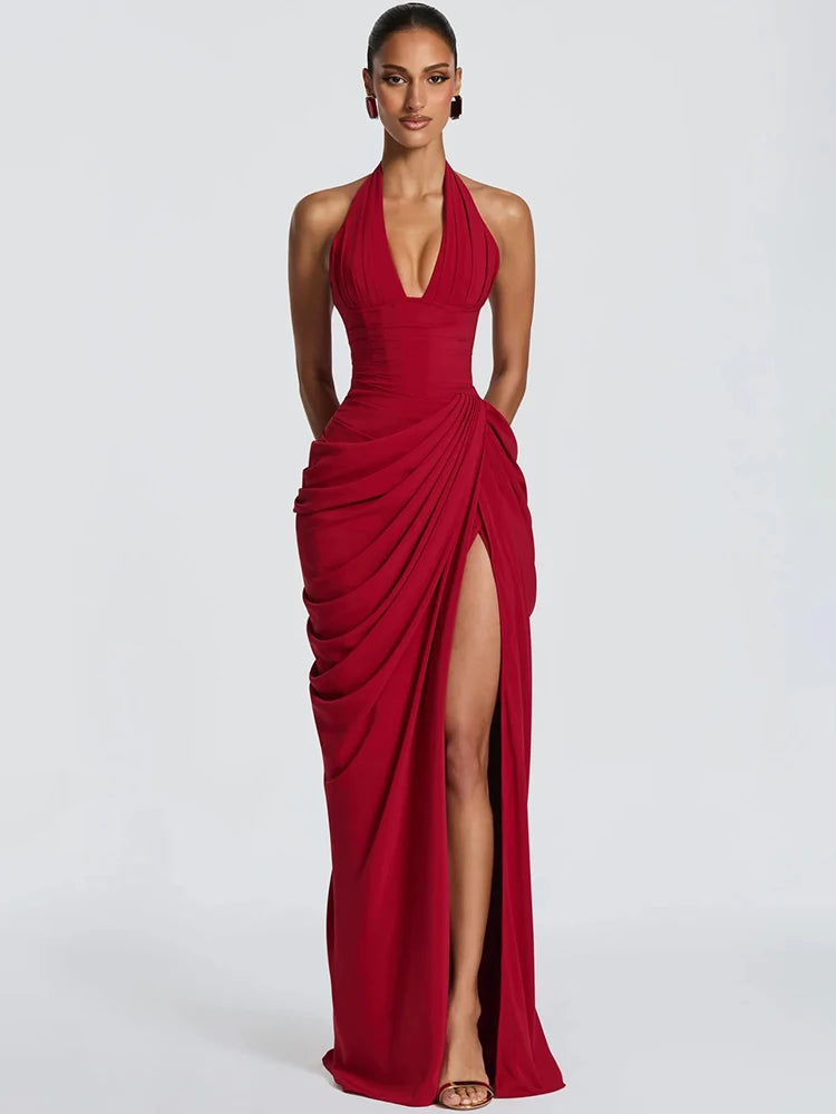 Wine Red Halter Deep V Maxi Dress Women Elegant Draped Ruched High Split Bodycon Cocktail Wedding Club Party Dresses