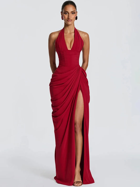 Wine Red Halter Deep V Maxi Dress Women Elegant Draped Ruched High Split Bodycon Cocktail Wedding Club Party Dresses