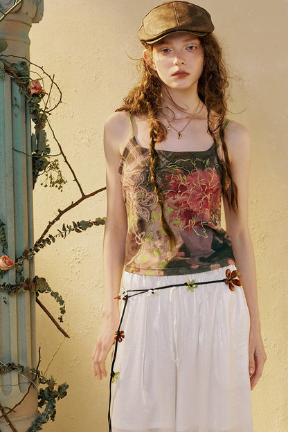 Women's Y2K Cami Top with Fairy Floral Print, Vintage Grunge Spaghetti Strap Camisole, Retro Aesthetic Sleeveless Top