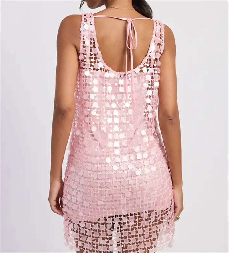 Women Sparkly Sequin Mesh Mini Dress U Neck Tie Back Sleeveless Loose Fit Dress Summer Beach Vacation Party Night Out