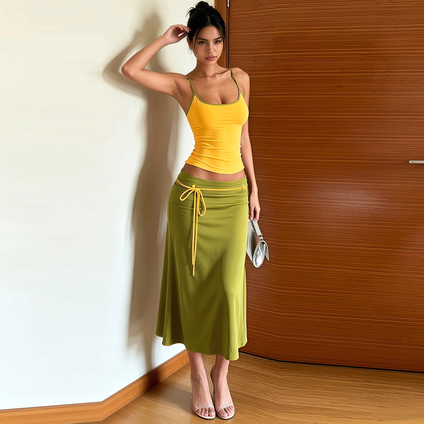 Ribbon Decoration Long Skirt+Low-Neck Backless Shape Waist Camisole 2 Piece Set Woman Summer Classic Elegant Style Suits