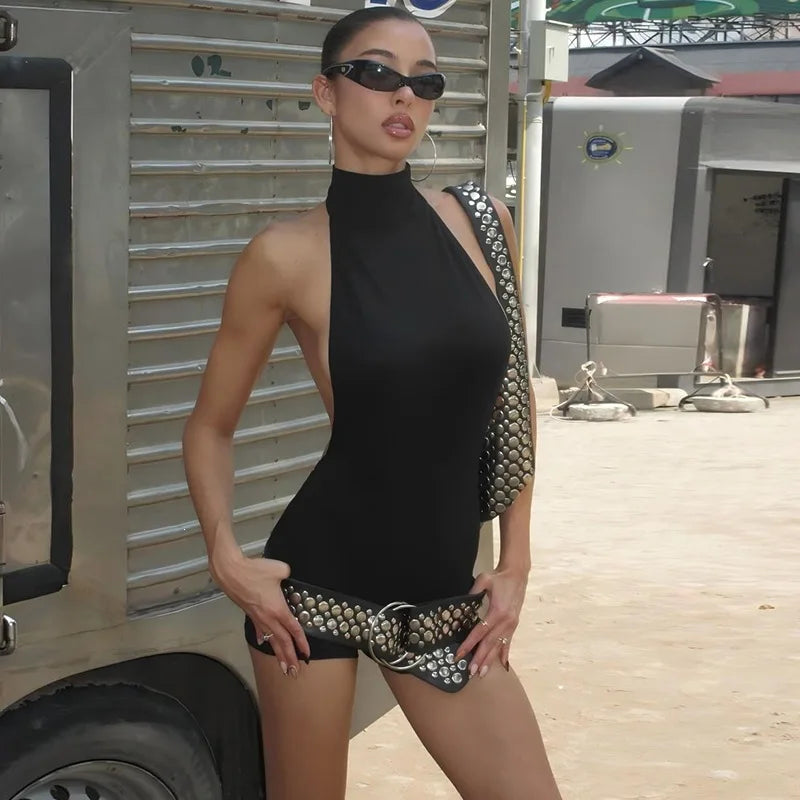 Black Backless Halter Playsuit Romper One Piece Jumpsuit Sexy Club Outfits 2026 Woman Summer Clothing