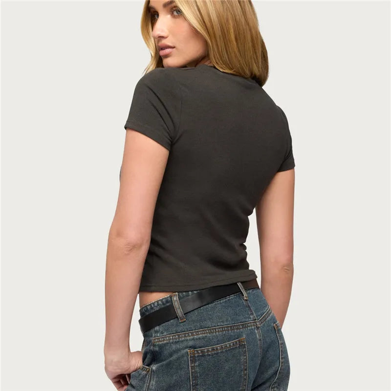 Womens Grommet Crop Top Short Sleeve Crew Neck Studded Tee Shirt Dark Grey Metal Embellished Cotton Blend Streetwear Top