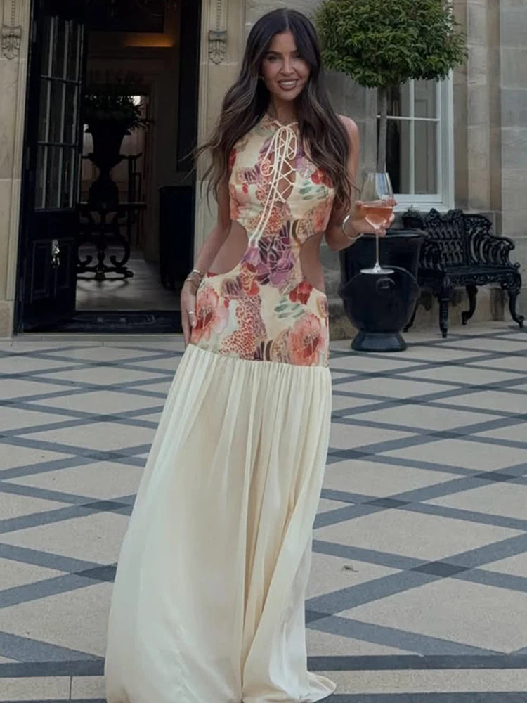 Sexy Shirring Backless Dress Women  Fashion Colorful Floral Print Hollow Patchwork Sleeveless Elegant Party Bodycon